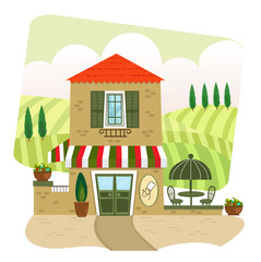 Italian Restaurant - Cartoon illustration of an Italian restaurant and landscape in the background. Eps10