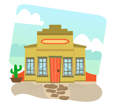 Mexican Restaurant - Cartoon illustration of a Mexican restaurant and landscape in the background. Eps10
