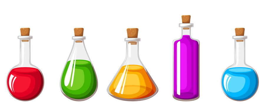 Set of flasks with colorful liquids. Vector illustration.