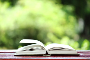 Open book outdoors, on blurred background