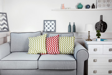 Beautiful modern living room with grey sofa