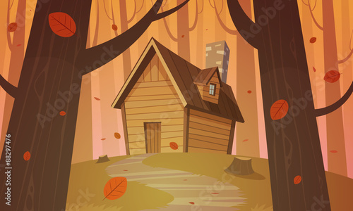 "Cabin in woods - Autumn" Stock image and royalty-free vector files on