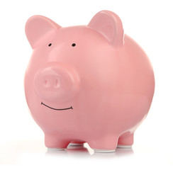 Pink ceramic piggy bank isolated on white