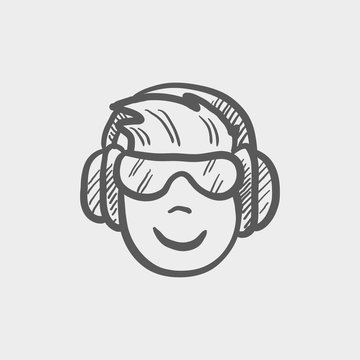 Head with headphone and glasses sketch icon