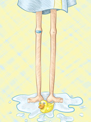 A hand drawn vector illustration of a pair of long, lanky legs standing in a puddle of water with a yellow rubber ducky.