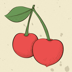 A vector illustration of two cherries in a hand drawn vintage style.