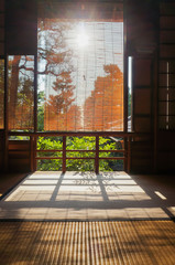 Fototapeta premium silhouette photo of windows frame in old Japanese style house with direct sun
