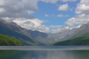 bowman lake in summer, glacier national park, montana, usa