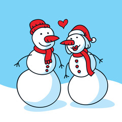 A cartoon snowman and snowwoman together and in love with a floating cartoon heart.