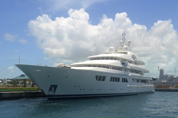 White Mega Yacht Moored at the Cruise Ship port in Nassau,Bahamas