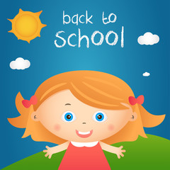 Cartoon illustration of happy little girl in autumn landscape wi