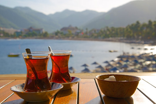 Turkish tea and beach, Icmeler, Marmaris, Anatolia, Turkey Minor