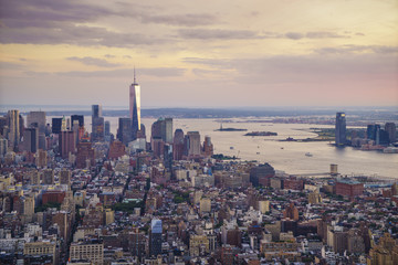 Skyline looking south towards Lower Manhattan at sunset, One World Trade Center in view, Manhattan, New York City, New York