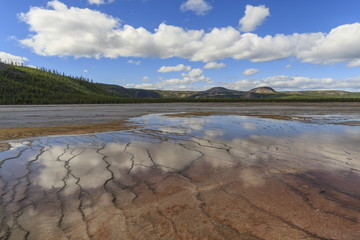 Grand Prismatic Spring reflections with Twin Buttes, Midway Geyser Basin, Yellowstone National Park, Wyoming