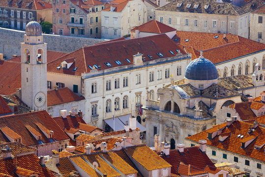 Church of St. Blaise right with Clock Tower on left, Old Town (Stari Grad), Dubrovnik, Dalmatia, Croatia