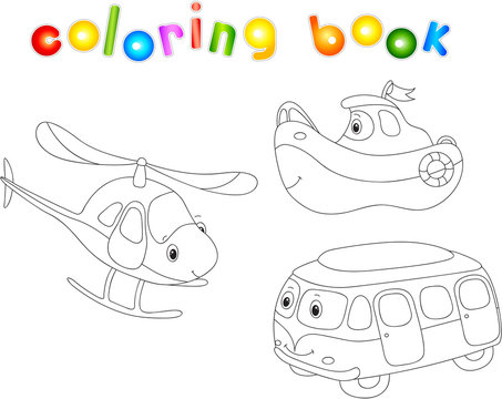 Set of bus, ship and helicopter. Coloring book for children
