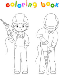 Men with drill and jackhammer. Coloring book