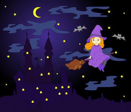 Pretty friendly witch flying on a broomstick in the night sky. O