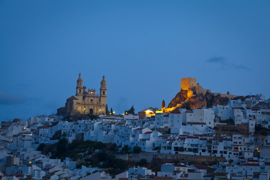 The hilltop village of Olvera illuminated at dawn, Olvera, Cadiz Province, Andalusia, Spain