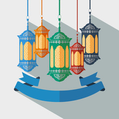 Editable Vector Illustration of Arabic Lantern and Ribbon in Long Shadow Flat Style for Islamic Moments