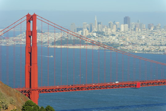 Golden Gate Bridge with San Francisco skyline in background, California