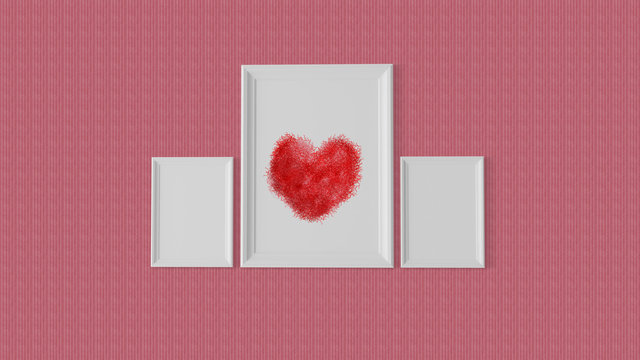 Three white frame with a red heart at centre