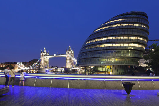 City Hall and Tower Bridge at night, London