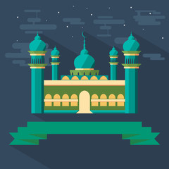 Editable Mosque and Ribbon Vector Illustration in Flat and Long Shadow Style for Islamic Religious Moments Like Ramadan and Eid