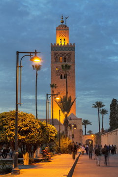 The Minaret of Koutoubia Mosque illuminated at night, Marrakech, Morocco 