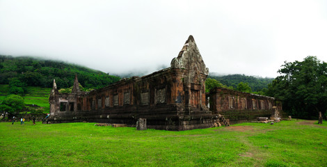 Vat Phou Temple, Champasak, Laos in panoramic view during green season