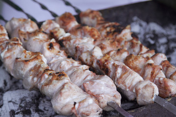 Appetizing fresh meat shish kebab. 