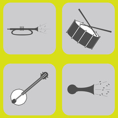 monochrome icon set with drum guitar tube