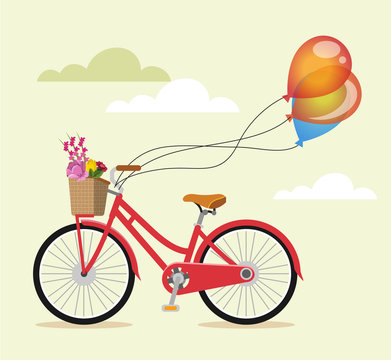 Bike with flowers and balloons. Vector flat illustration