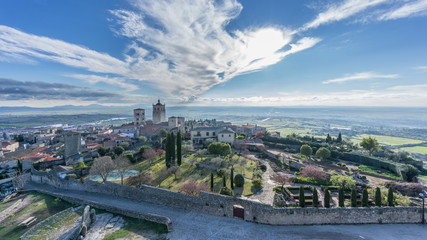 Panoramic view of the medieval town of Trujillo at dusk