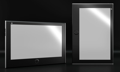 Tablet mockup on black background. Front view.