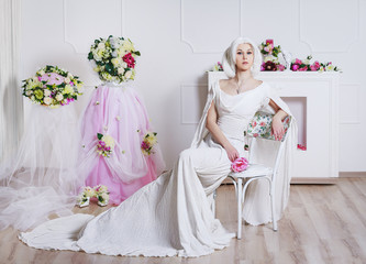 Beautiful white hair woman in fairy white dress