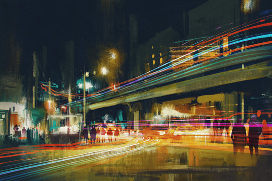 digital painting of city street at night with colorful light trails