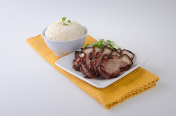pork. BBQ Pork and Crispy Pork with Rice.