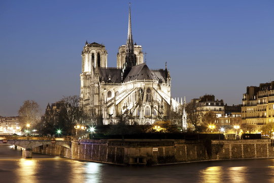 Notre Dame cathedral and River Seine at night, Paris, Ile de France, France 