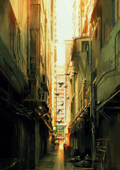 digital painting of long narrow alleyway at sunset,illustration