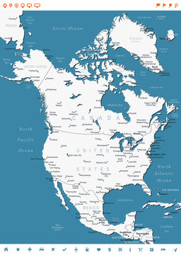 North America map - highly detailed vector illustration. Image contains land contours, country and land names, city names, water object names, navigation icons.
