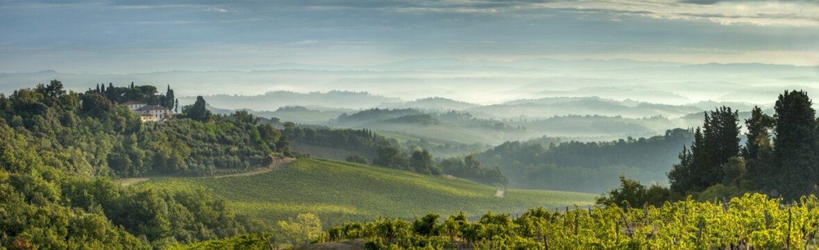 Early morning panoramic view of misty hills, near San Gimignano, Tuscany