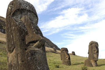 Moai in the Rano Raraku volcanic crater formed of consolidated ash (tuf), Easter Island, Chile