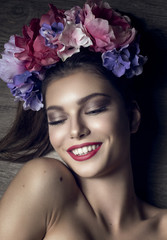 Attractive Young Happy Smiling Brunette with Floral Headpiece - 88321830
