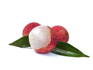 Fresh lychees with leaves isolated on white background