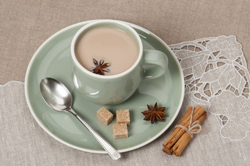 Cup Of Coffee, Cocoa or Tea With Milk And Spices. Old Silver Spo