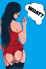 Young brunette girl in lingerie smoking a cigarette. Pop art