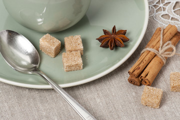 Cup Of Coffee, Cocoa or Tea With Milk And Spices. Old Silver Spo