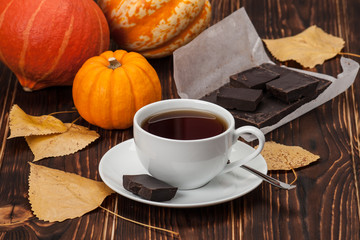 Autumn Concept. Cup Of Tea Or Coffee. Dried Fruits. Pumpkins. Da