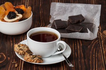 Autumn Concept. Cup Of Tea Or Coffee. Dried Fruits. Dark Chocola